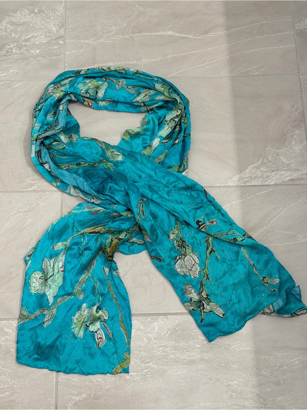 Van Gogh Almond Blossom 100% Silk Scarf Turquoise Blue Art Print Wrap Shawl